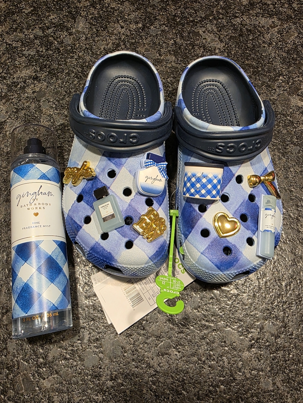 Bath & Body Works x Crocs Gingham Classic Clogs and Body spray Womans size 7